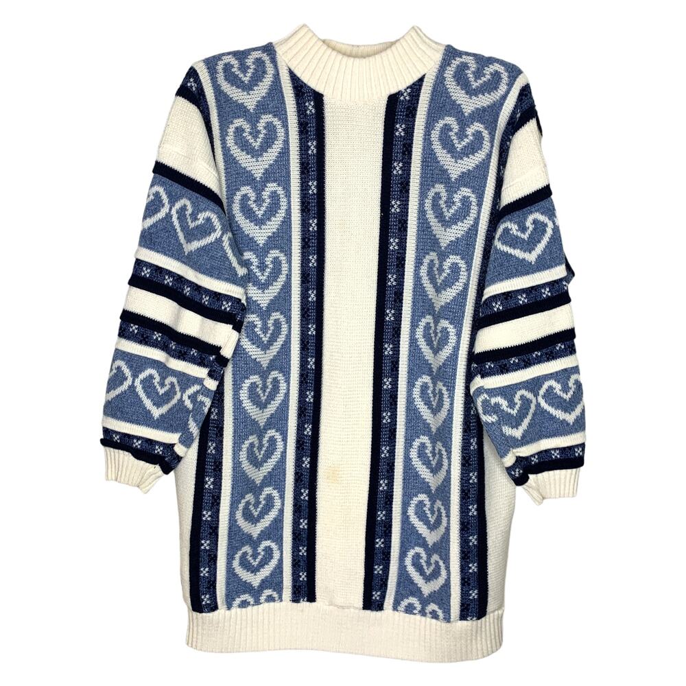 Vintage Heart Knit Striped Mock Neck Sweater Large
